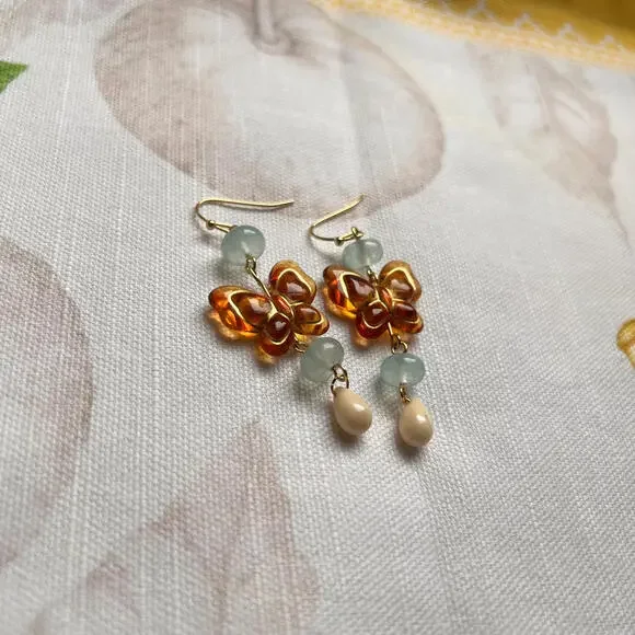 Amber Blue Jade Beige Czech Glass Acrylic Butterfly Earrings, Cute Fun Jewelry - Picture 3 of 6